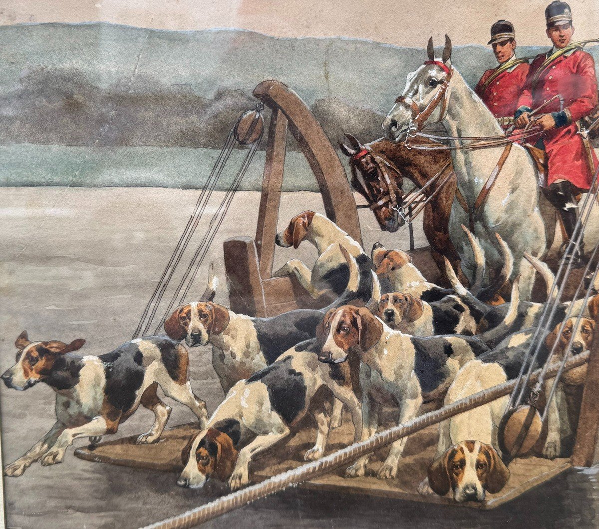 Charles Ferdinand De Condamy 1847-1913, Crew And Dogs On A Ferry, Watercolor-photo-3