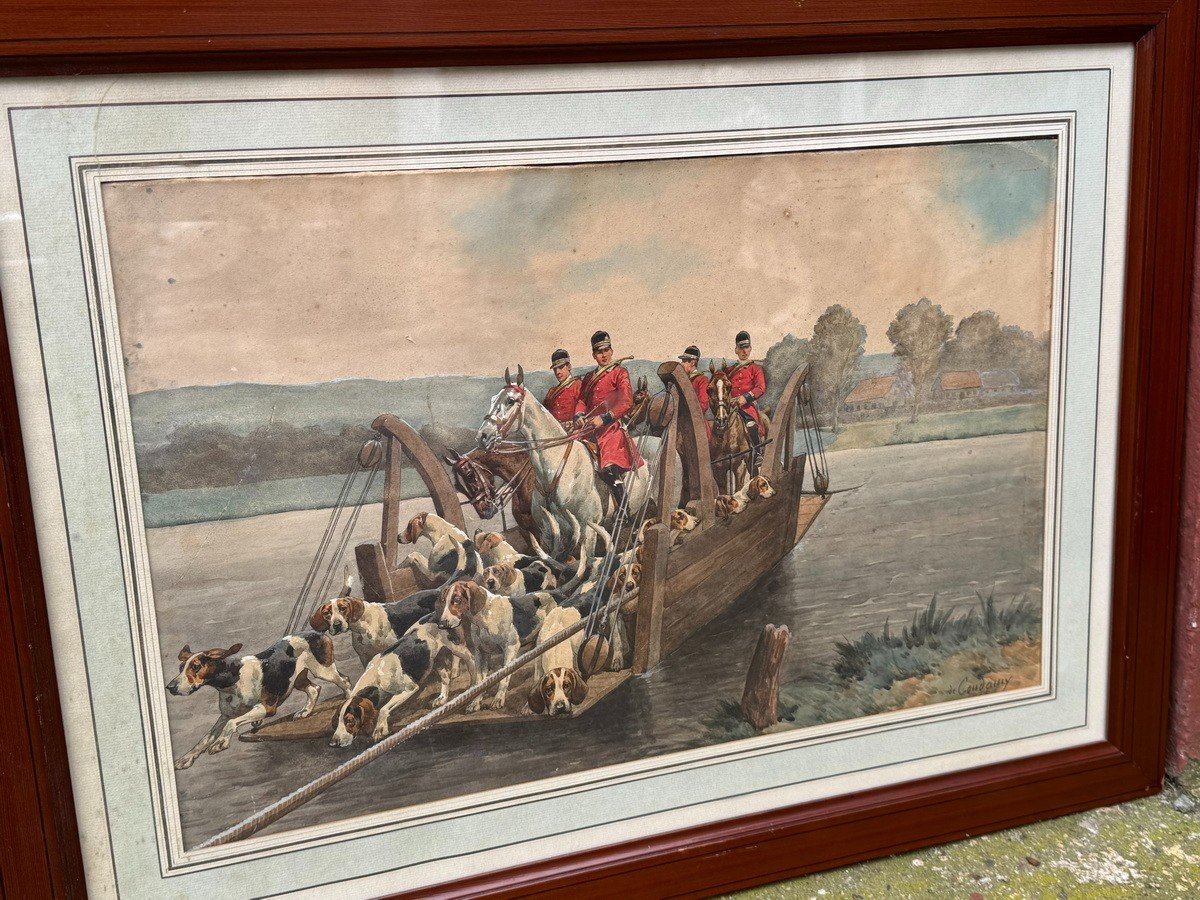 Charles Ferdinand De Condamy 1847-1913, Crew And Dogs On A Ferry, Watercolor