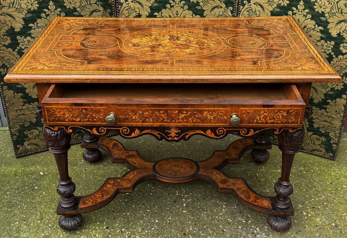 Petite Table De Milieu De Style Louis XIII Circa 1880, Marqueterie De Fleurs-photo-2