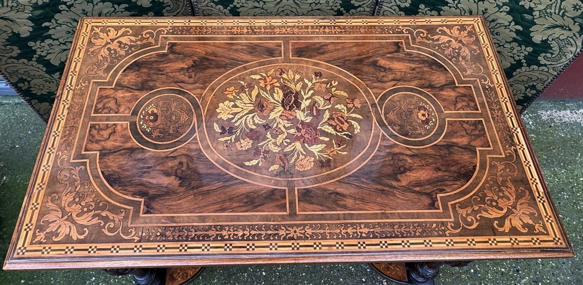 Petite Table De Milieu De Style Louis XIII Circa 1880, Marqueterie De Fleurs-photo-3