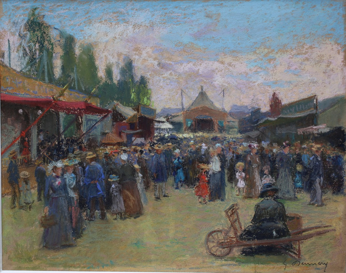 Gustave Dennery 1863-1953, Funfair, Pastel Signed Lower Right