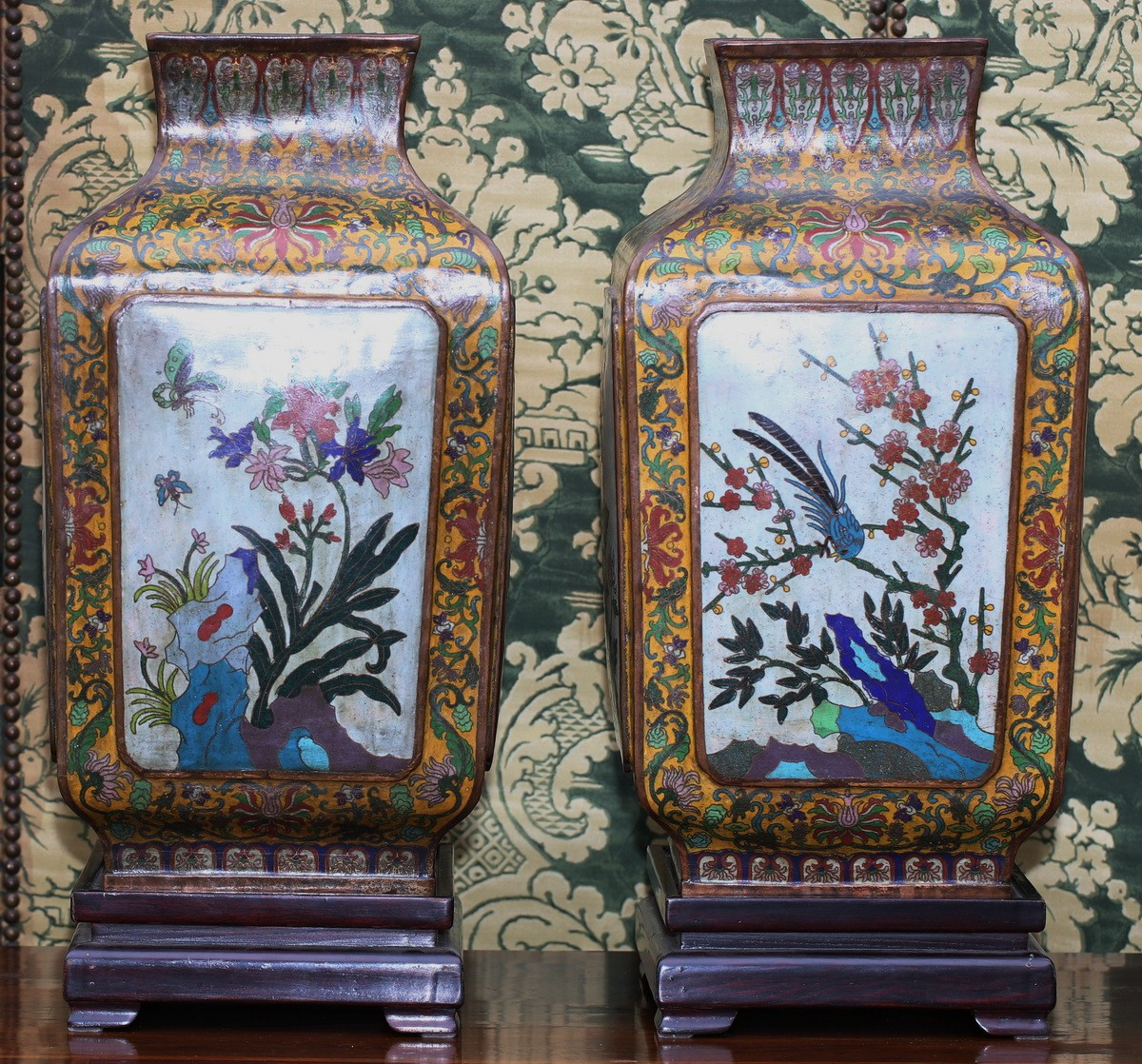 China, Late 19th Century, Pair Of Square Base Vases In Cloisonné Enamels With Flower And Bird Decorations.-photo-2