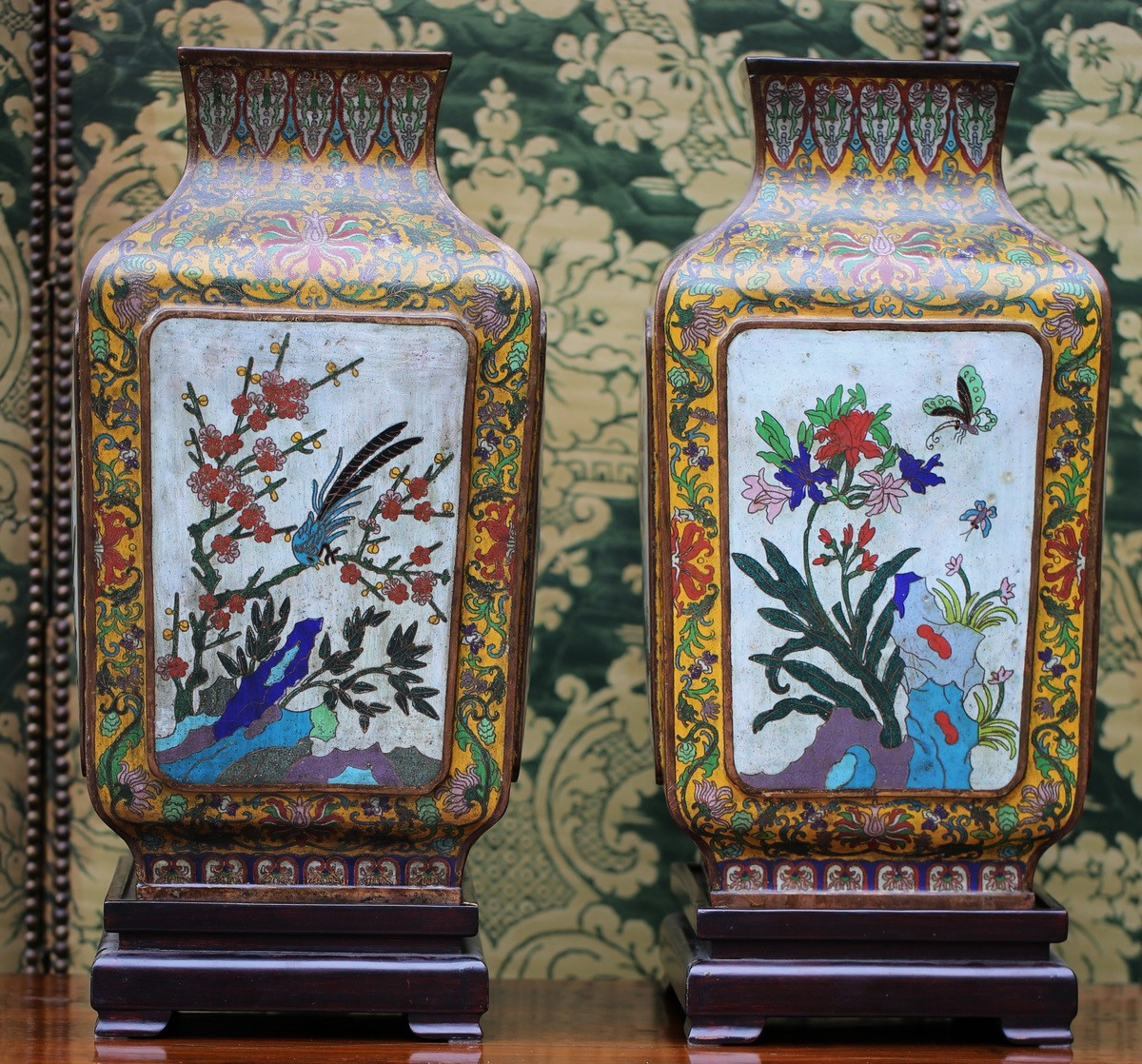 China, Late 19th Century, Pair Of Square Base Vases In Cloisonné Enamels With Flower And Bird Decorations.-photo-3