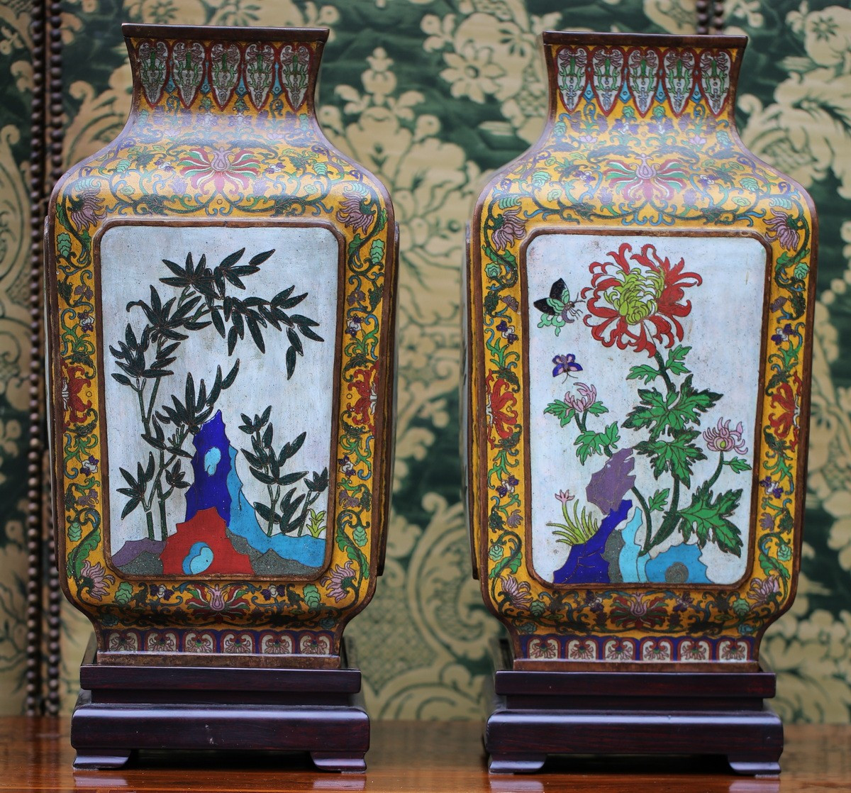 China, Late 19th Century, Pair Of Square Base Vases In Cloisonné Enamels With Flower And Bird Decorations.-photo-4