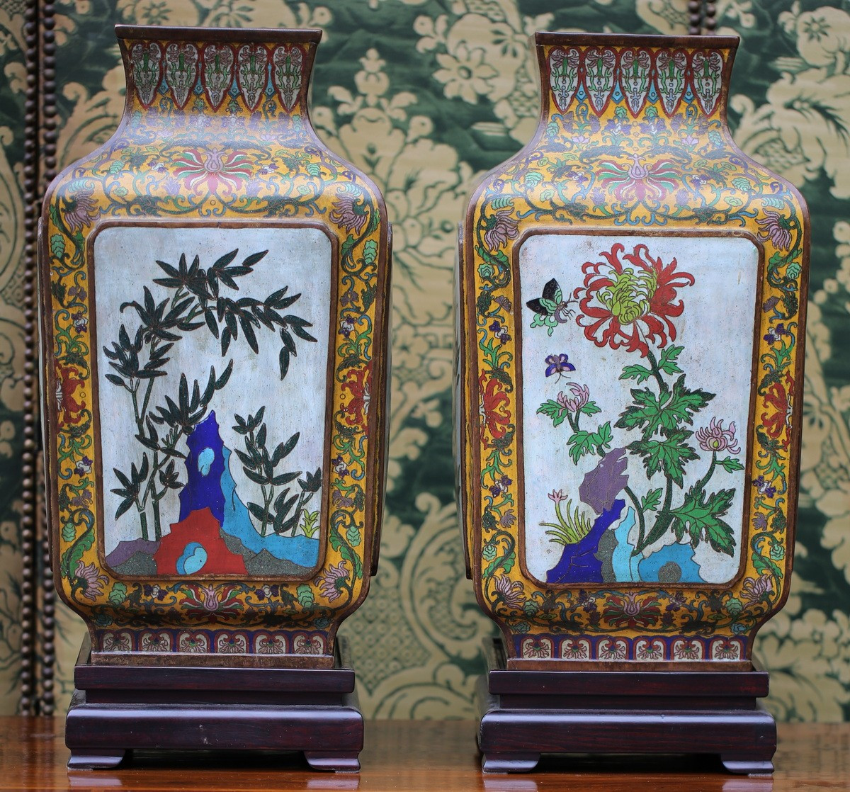 China, Late 19th Century, Pair Of Square Base Vases In Cloisonné Enamels With Flower And Bird Decorations.