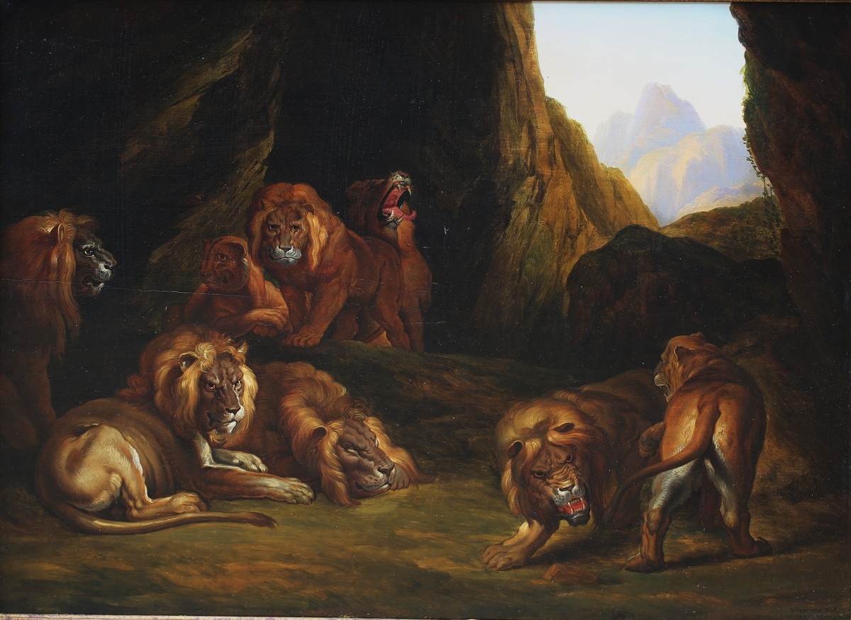 19th Century Belgian School, The Lions Resting, Oil On Wood Signed Waggemans Dated 1840 -photo-2