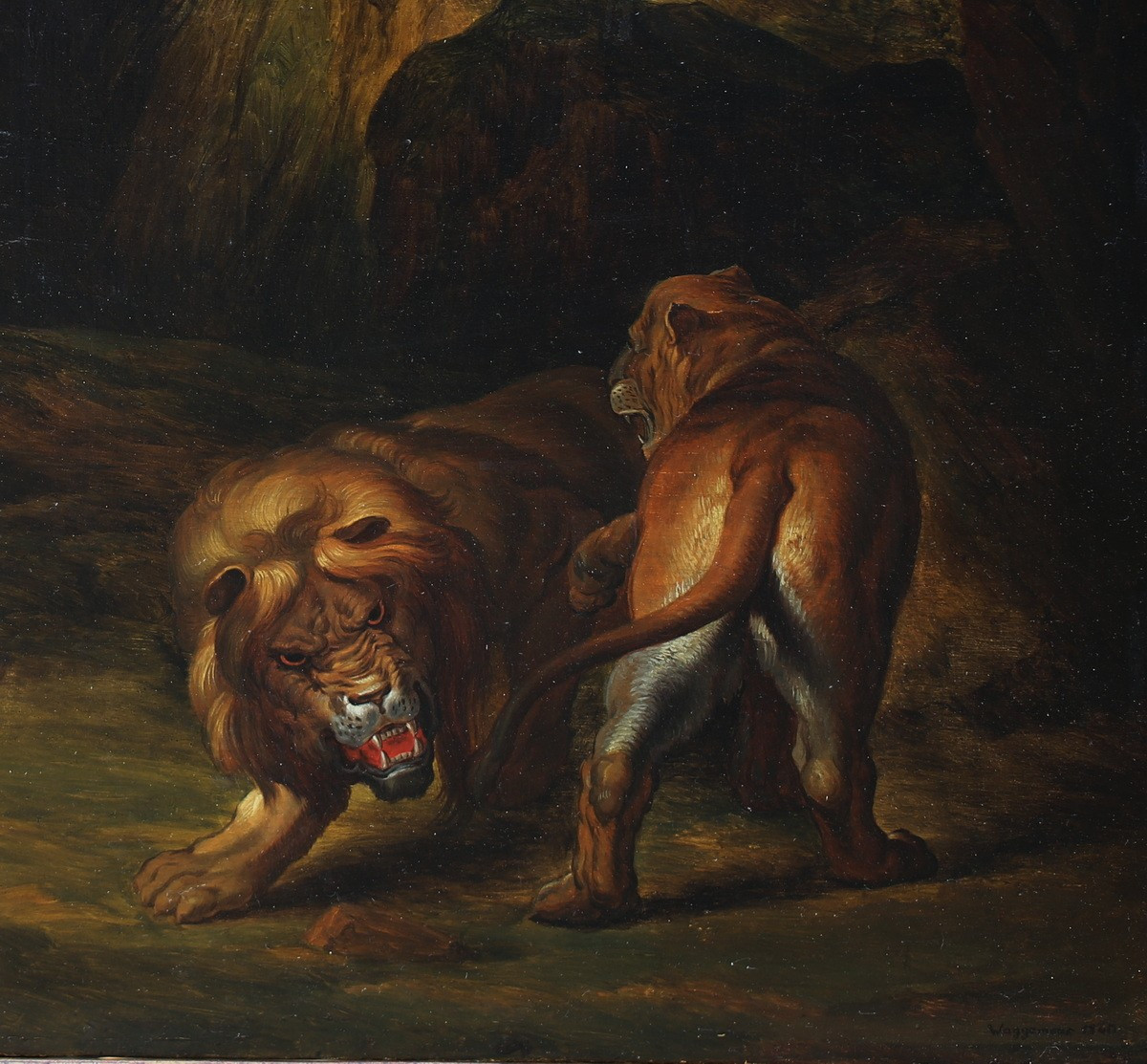 19th Century Belgian School, The Lions Resting, Oil On Wood Signed Waggemans Dated 1840 -photo-2