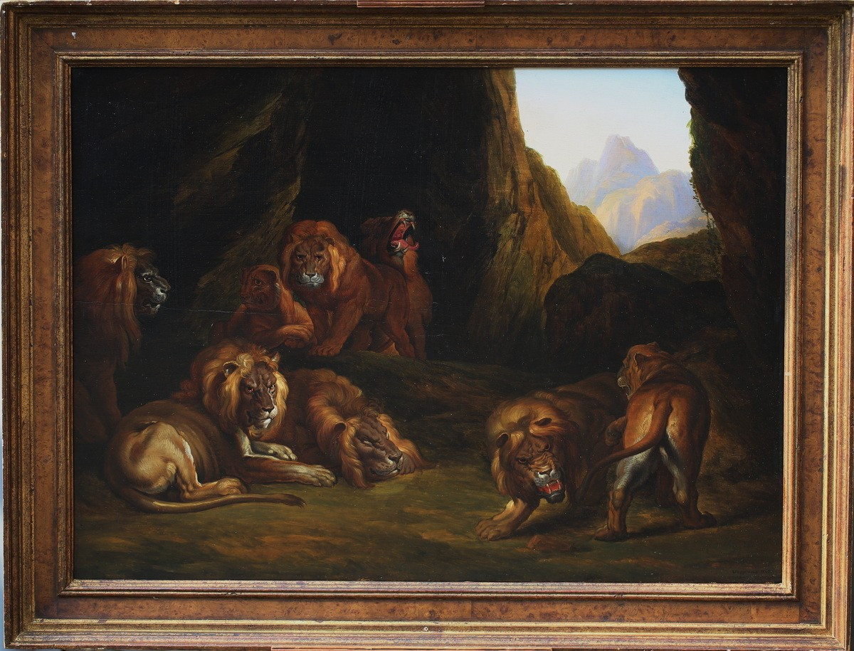 19th Century Belgian School, The Lions Resting, Oil On Wood Signed Waggemans Dated 1840 