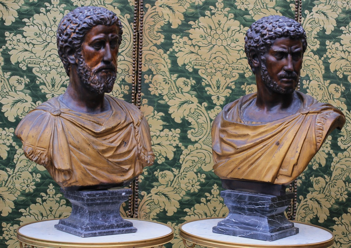 Italy Work Naples Region Early 20th Century, Pair Of Roman Emperor Busts-photo-2