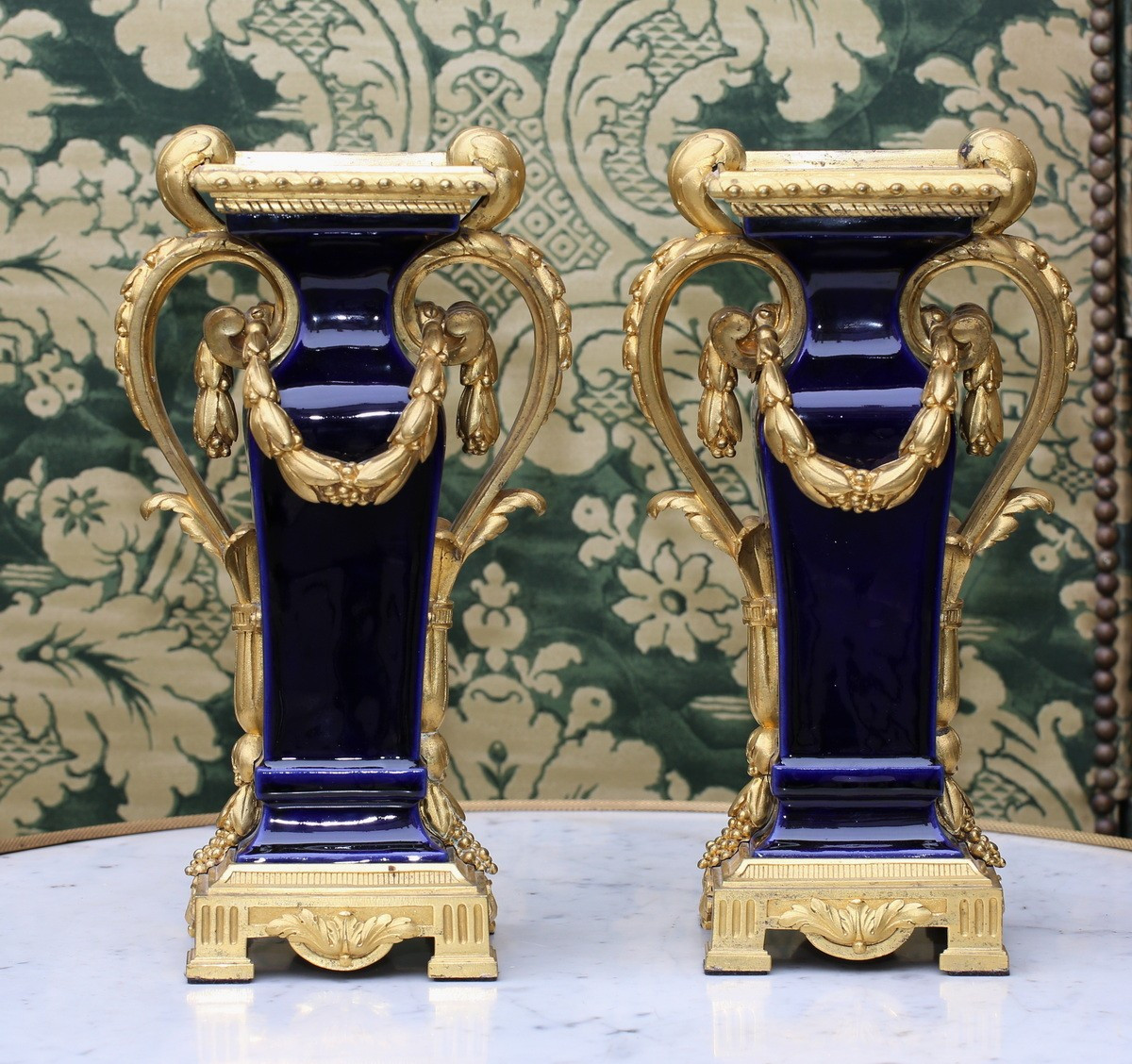 Pair Of Louis XVI Style Vases, In Blue Porcelain And Gilt Bronze, 19th Century-photo-2