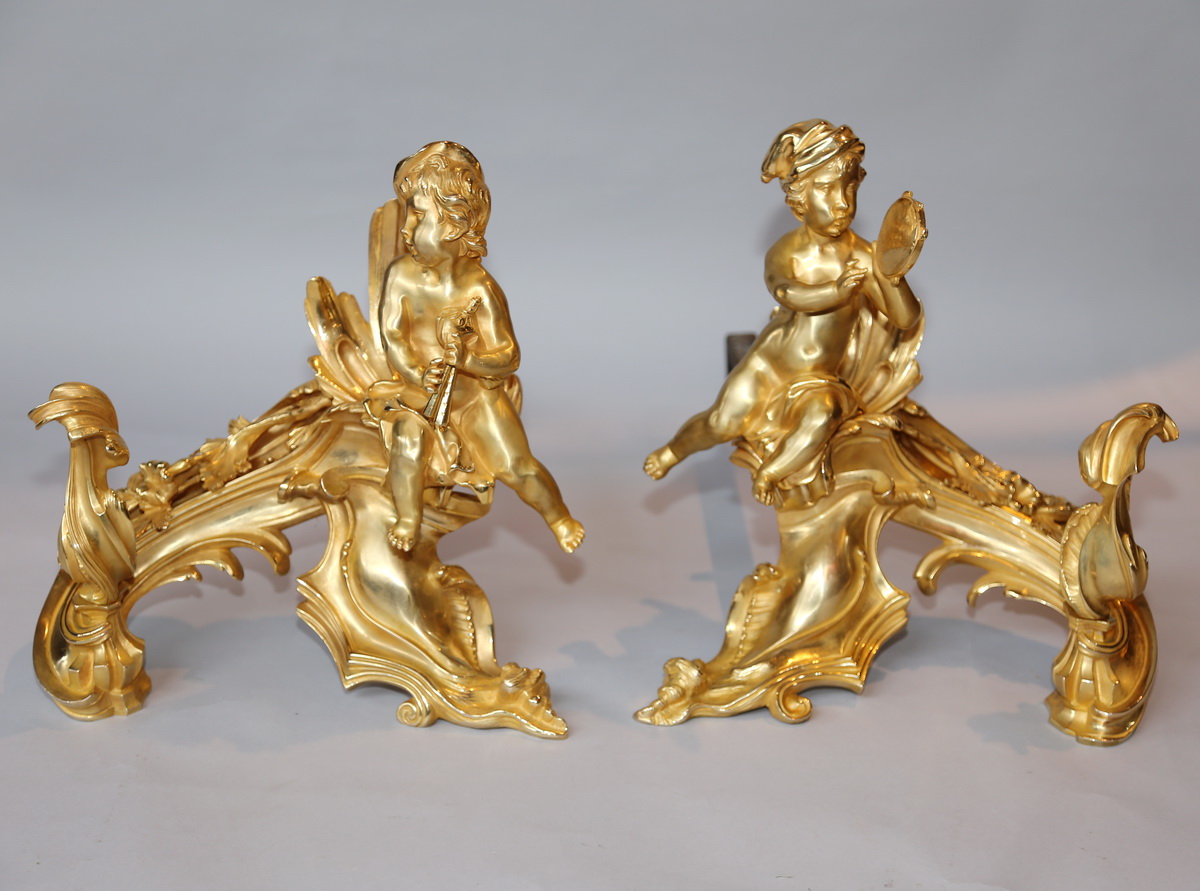 Pair Of Andirons In Gilded Bronze Louis XV Style