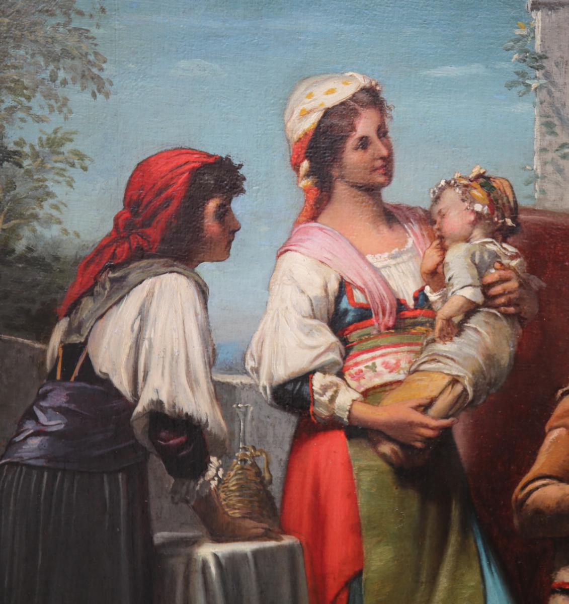 Peinture "réunion Familiale à Naples" époque XIXème-photo-4