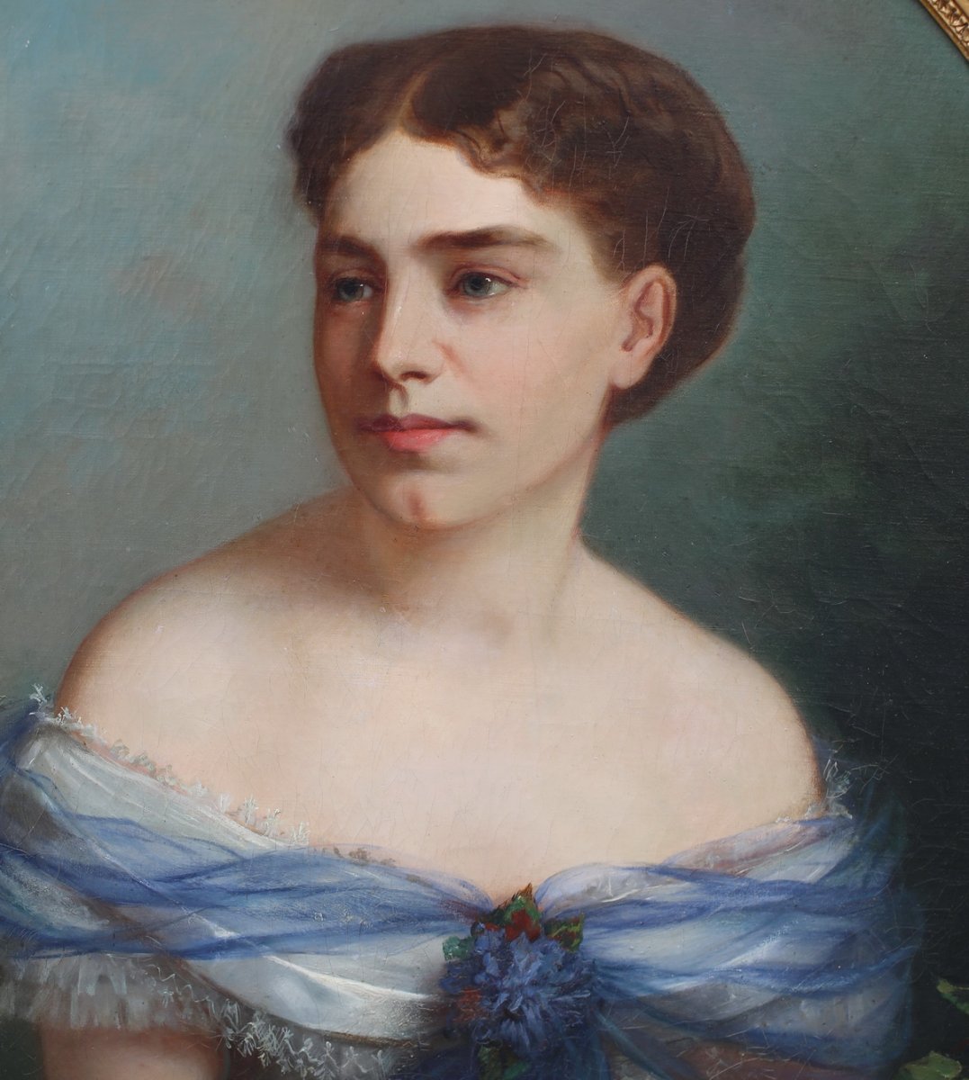 Schrodl Norbert 1842-1912  Portrait De Jeune Femme, Peinture De 1866-photo-3