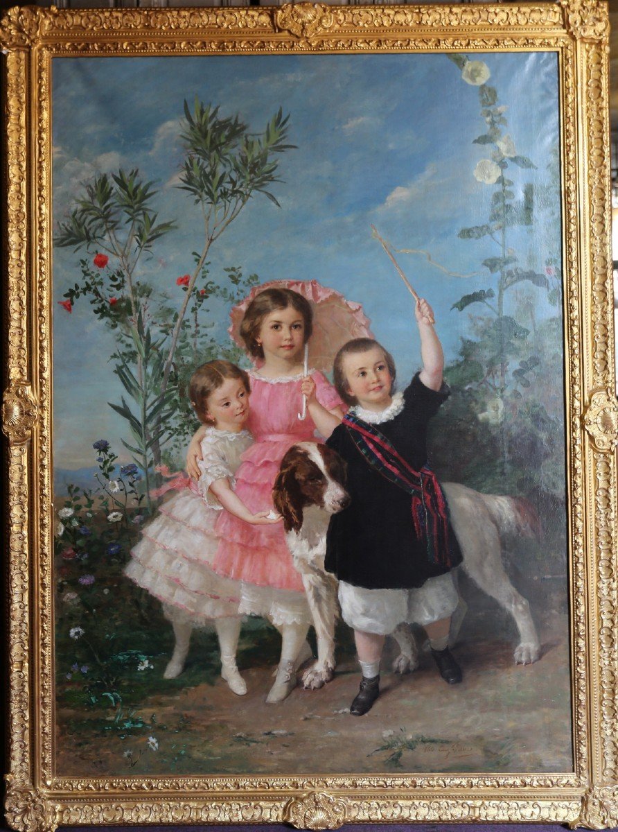 Eugène Faure 1822-1879 The Three Sisters And Their Dog, Large Canvas.