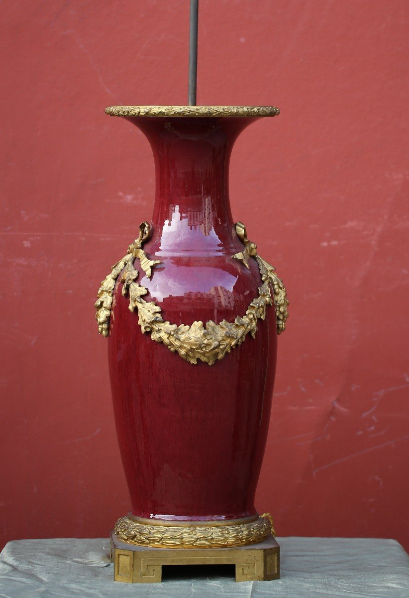 Large 19th Century Oxblood Vase Lamp, Gilt Bronze Mount-photo-2