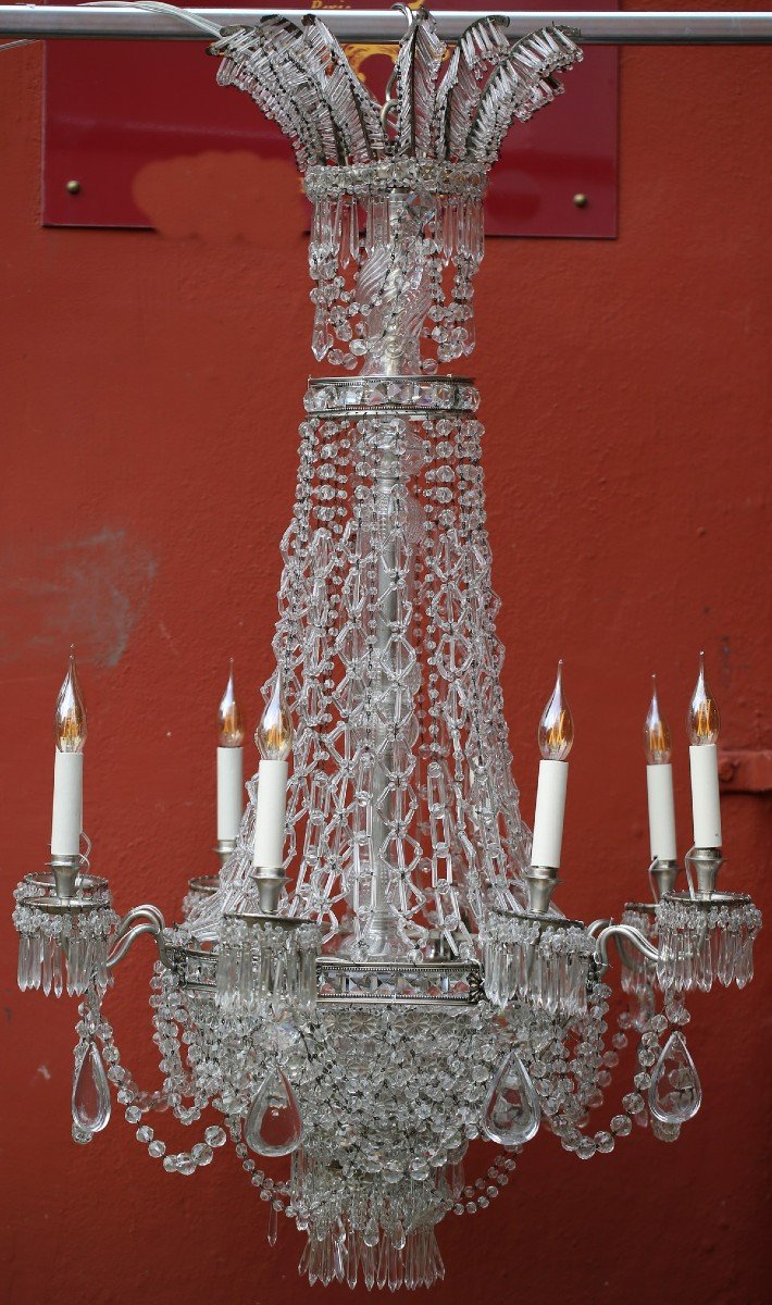 Chandelier Basket With 8 Arms Of Light In Silvered Bronze And Crystals, Nineteenth Century-photo-3