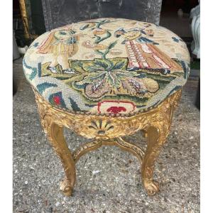 Stool In Carved And Gilded Wood Regency Style Work Late 19th Century.