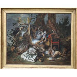 Christiaan LUYCKX 1623-1677, Nature Morte Aux Chien De Chasse, Gibier, Faucon.