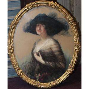 Richard Hall (,1860-1942) école Finlandaise, Portrait De Jeune Femme Au Chapeau, Pastel.