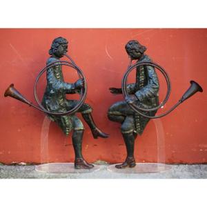 Austria Circa 1760, Pair Of Double-sided Figures Of Huntsmen In Polychrome Metal.