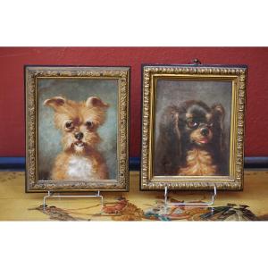 French School Circa 1880, Portrait Of Cavalier King Charles And Griffon On Earthenware Plaque.