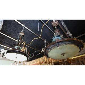 Pair Of Art Deco Period Pendant Lights, Fountain, Bronze And Frosted Glass.