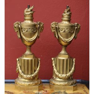 Pair Of Louis XVI Style Gilt Bronze Lamp Bases, In The Shape Of A Fire Pot