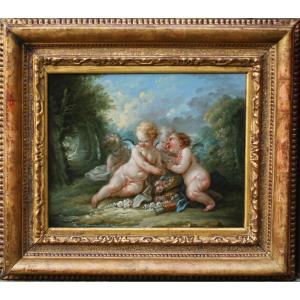 Francois Boucher 1703-1770 Workshop Of, Cherubs At The Vasque Of Flowers.