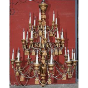 Italy Circa 1900, Important Chandelier In Sheet Metal And Golden Wood With Pompoms