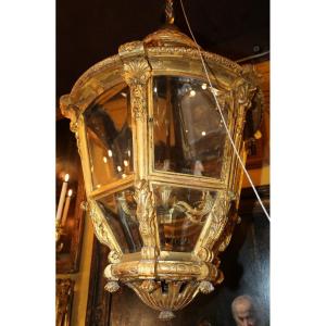 Venetian Style XVIII Circa 1900, Very Important Lantern In Carved Golden Wood.
