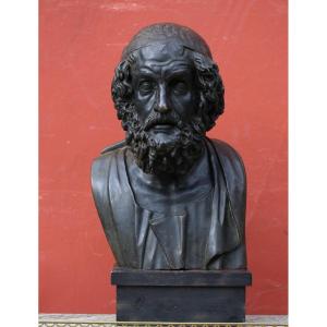 Italy Late 19th Century, Bust Of Homer, Patinated Bronze.