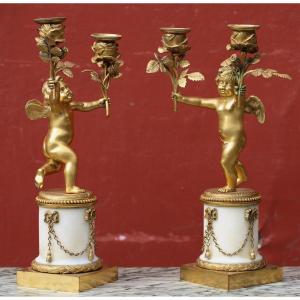 Pair Of Angelots Candlesticks, With Two Arms Of Lights Louis XVI Style Circa 1800