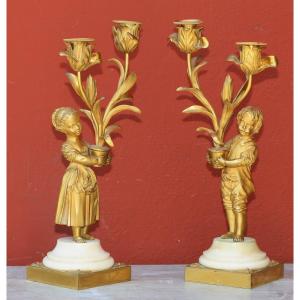 Pair Of Louis XVI Period Candelabra, With Two Arms Of Lights, Children Gardeners