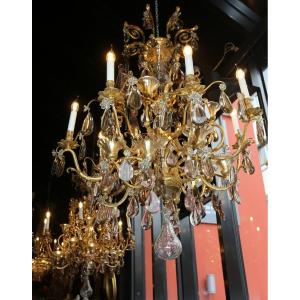 Pair Of Chandeliers In Bronze And Gold-plated Brass, Early 20th Century, Transition Style, 8 Lights.