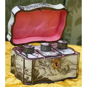 Spa Tea Box In Lacquered Wood, Grisaille Decor, 18th Century