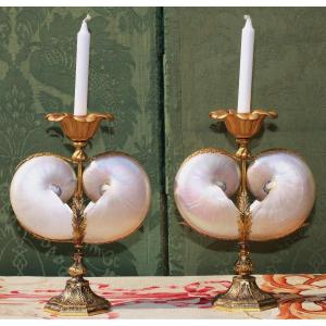 Pair Of Baroque Style Candlesticks, Gilt Bronze And Nautilus, Circa 1960