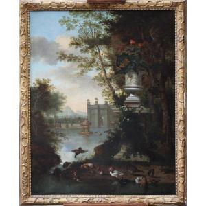 Abraham Jansz Begeyn 1637-1697, Attributed To, Garden Flower Vase Ducks And Water Feature