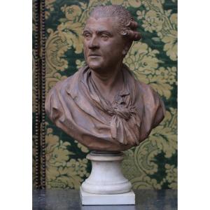 French School, 18th Century, Terracotta Bust Of A Man On A White Marble Pedestal 