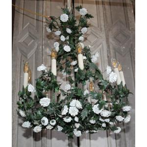 Louis XV Style Painted Sheet Metal And Porcelain Flower Chandelier, 10 Lights, Mid-20th Century