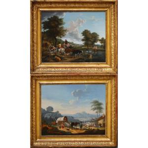 Jean Louis Demarne 1752-1829 Around, Animated Landscapes, Pair Of Paintings