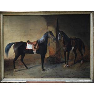 Faustine Joli 1814-1876 Attributed To, Two Saddled Horses Tethered, Oil On Cardboard.