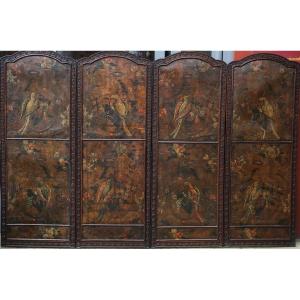 18th Century Screen With 4 Leaves In Painted And Embossed Leather With Bird Decor.