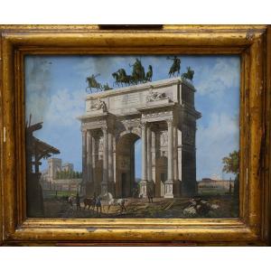 Italian School, Early 19th Century, Arco Della Pace In Milan, Gouache On Paper.