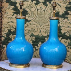 Théodore Deck 1823-1891 Pair Of Blue Porcelain Lamps Gilt Bronze Frame