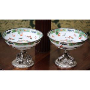 Odiot In Paris, Pair Of China Famille Verte Porcelain Cups With Silver Rims.