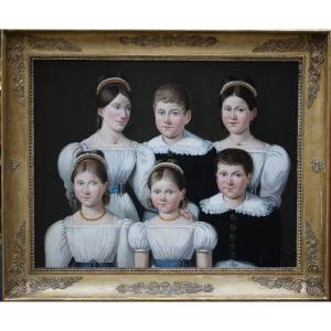 French School Circa 1820-1830, Family Portrait Young Children In 1828