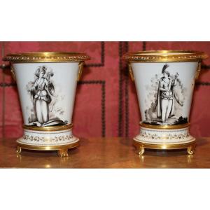 Pair Of 11th Century Porcelain Planters With Grisaille Decoration Of Oriental Figures.