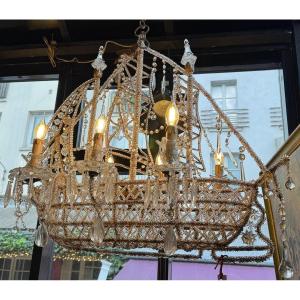 Chandelier In The Shape Of A Vessel With 6 Arms Of Lights, In Metal And Crystals In The Style Of Bagués 