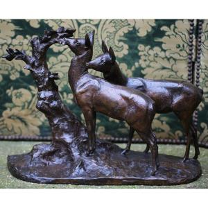 Maximilien Louis Fiot 1886-1953, Deux Biches, Ancienne épreuve En Bronze, Cire Perdue Susses