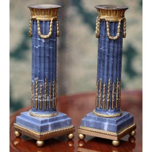 Paire De Bougeoirs Style Louis XVI En Marbre Bleu Turquin Et Bronze Doré, Signés Henri Picard 